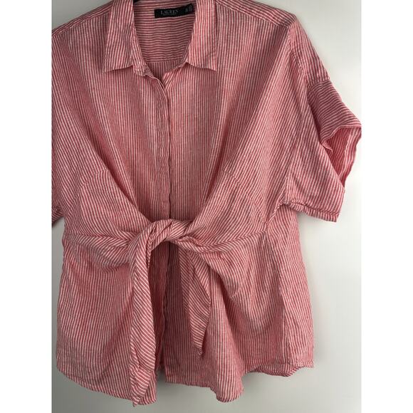 Lauren Ralph Lauren Striped Tie-Front Linen Shirt Red White Women's Plus Size 3X - Picture 5 of 10